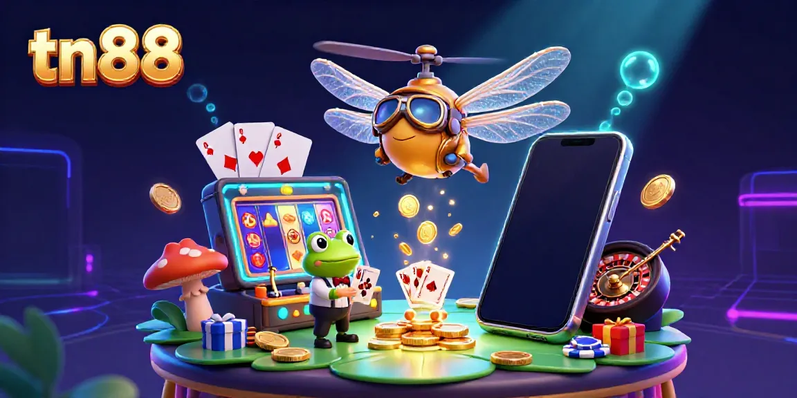 Experience fun at tn88 with vibrant 3D casino characters, including a dragonfly pilot, frog croupier, and jazz musicians.