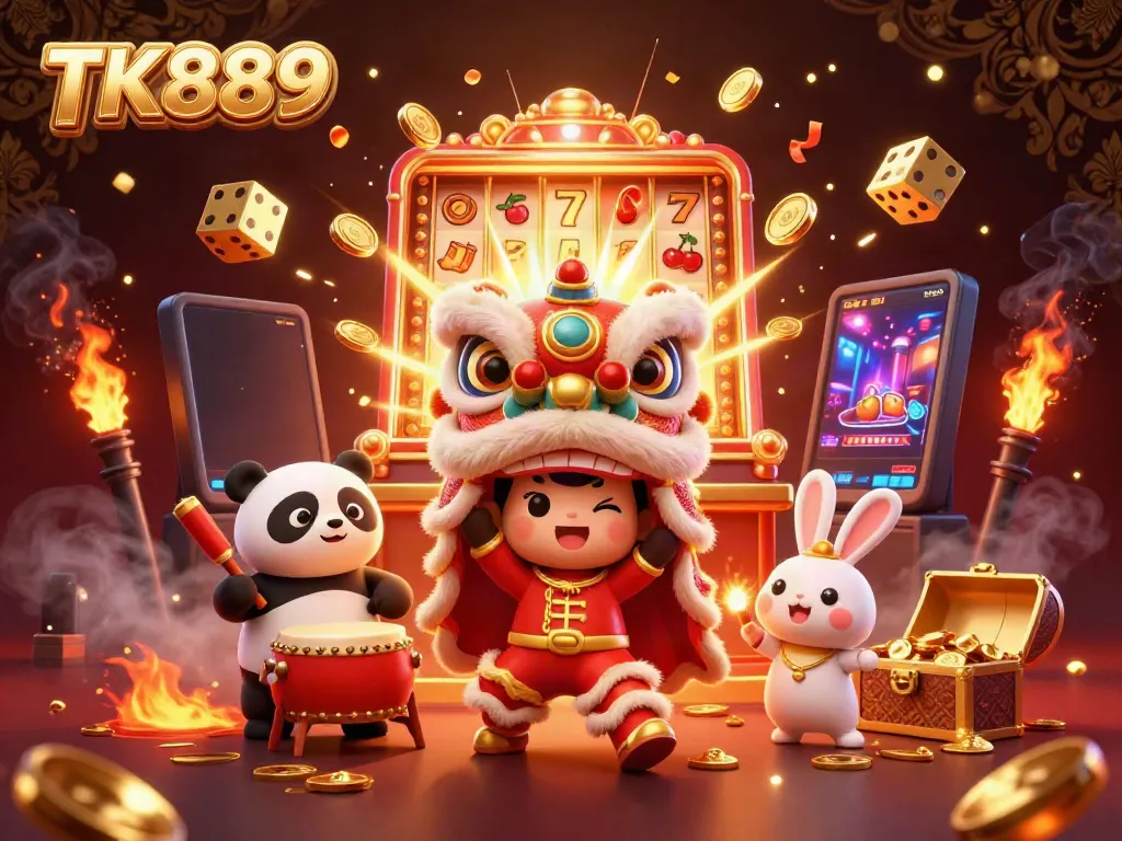 Play thrilling games at TK889, featuring vibrant characters, slot machines, and dynamic casino elements.