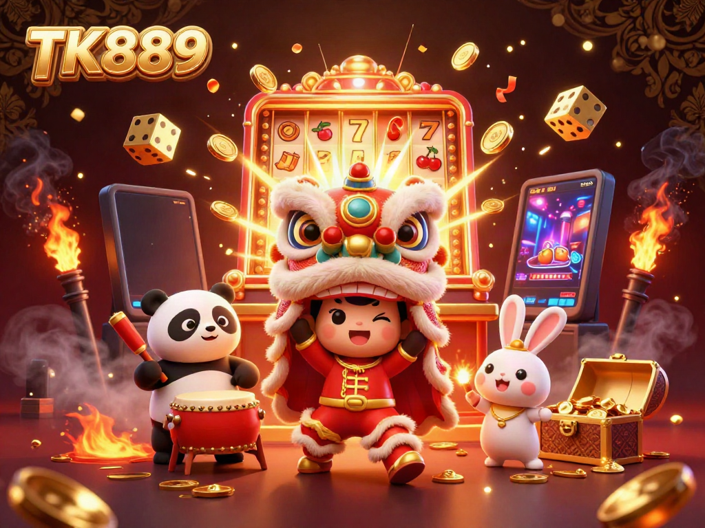 Play thrilling games at TK889, featuring vibrant characters, slot machines, and dynamic casino elements.