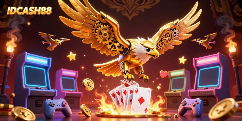 Experience the thrill of gaming with IDCASH88 as the golden eagle dives through vibrant holographic cards.