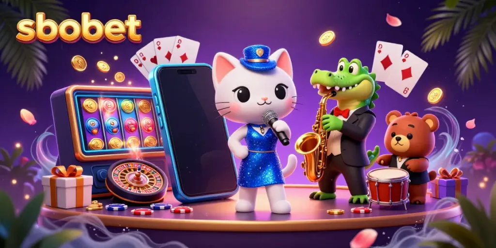 Experience sbobet betting action with vibrant characters and casino elements in a colorful digital illustration.