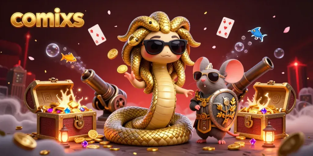 Experience exciting gaming with comixs in a vibrant, playful illustration of Medusa and a warrior mouse amidst treasure and cards.