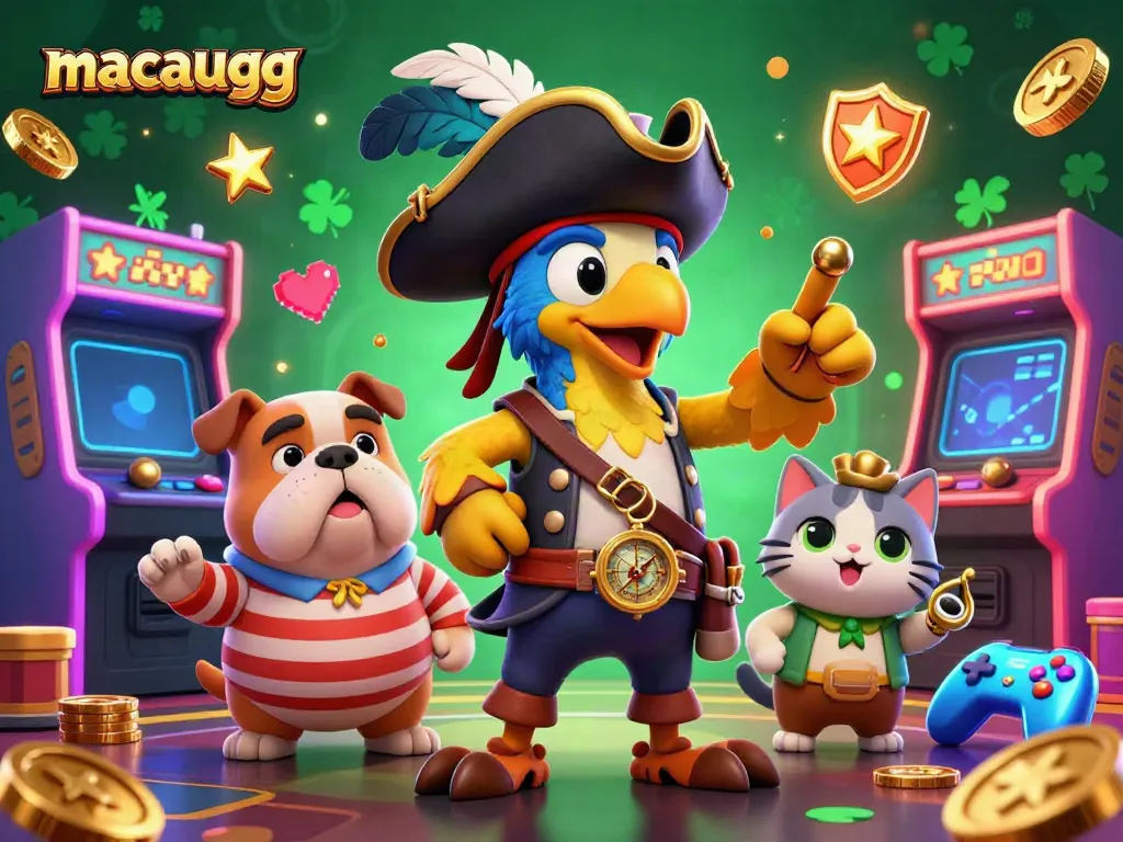 Join the excitement at macaugg with a pirate captain and friends surrounded by casino games.