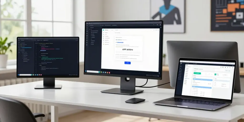 Developer working on APK projects at a modern tech workspace.
