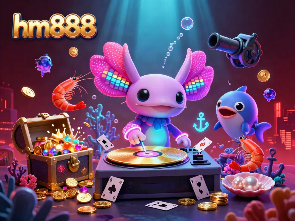Engage in vibrant underwater gaming with hm888 as the neon axolotl DJ spins winning cards amidst a treasure chest explosion.