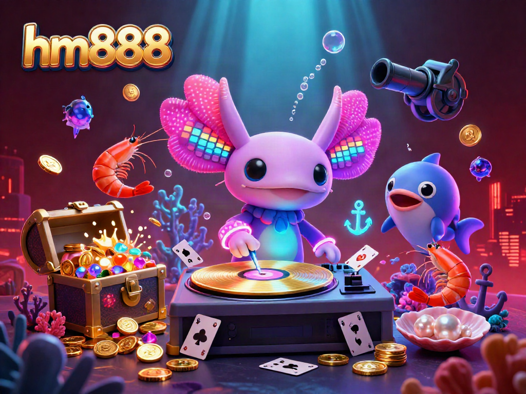 Engage in vibrant underwater gaming with hm888 as the neon axolotl DJ spins winning cards amidst a treasure chest explosion.