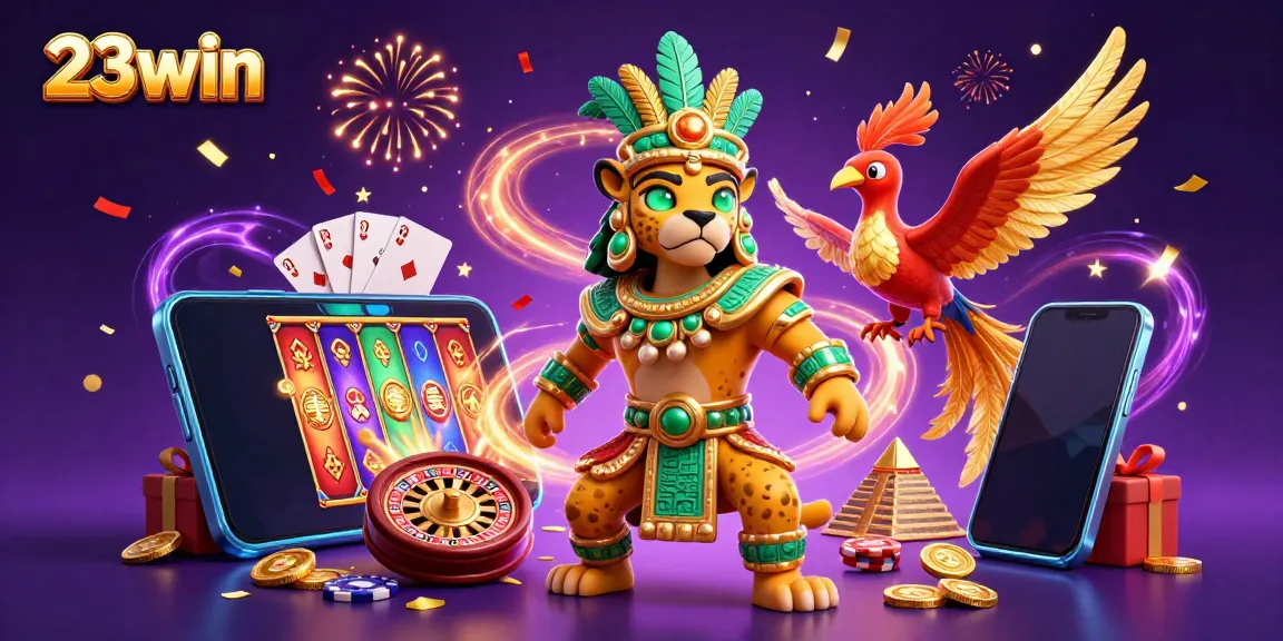 Engage in a thrilling gaming adventure with 23win's vibrant 3D casino illustration showcasing iconic characters and exciting elements.