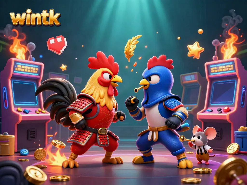 Engage in the thrilling contest of twin roosters in a vibrant wintk casino scene filled with arcade elements.