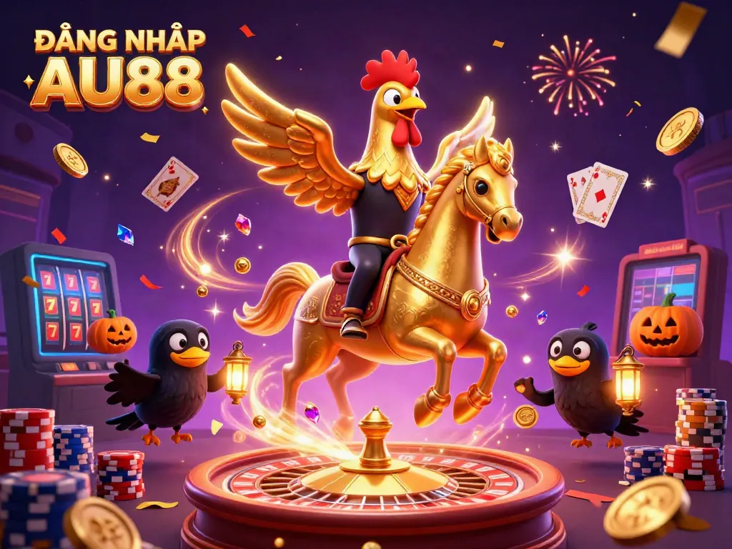 Experience the thrill of ĐĂNG NHẬP AU88 with a golden rooster and enchanted casino elements.