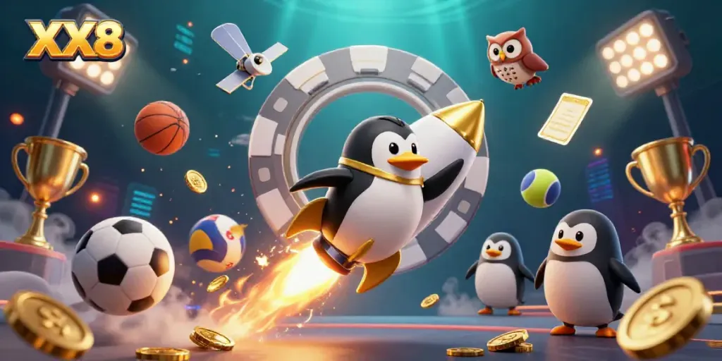Experience the thrill of sports betting with the energetic XX8 penguin illustration.