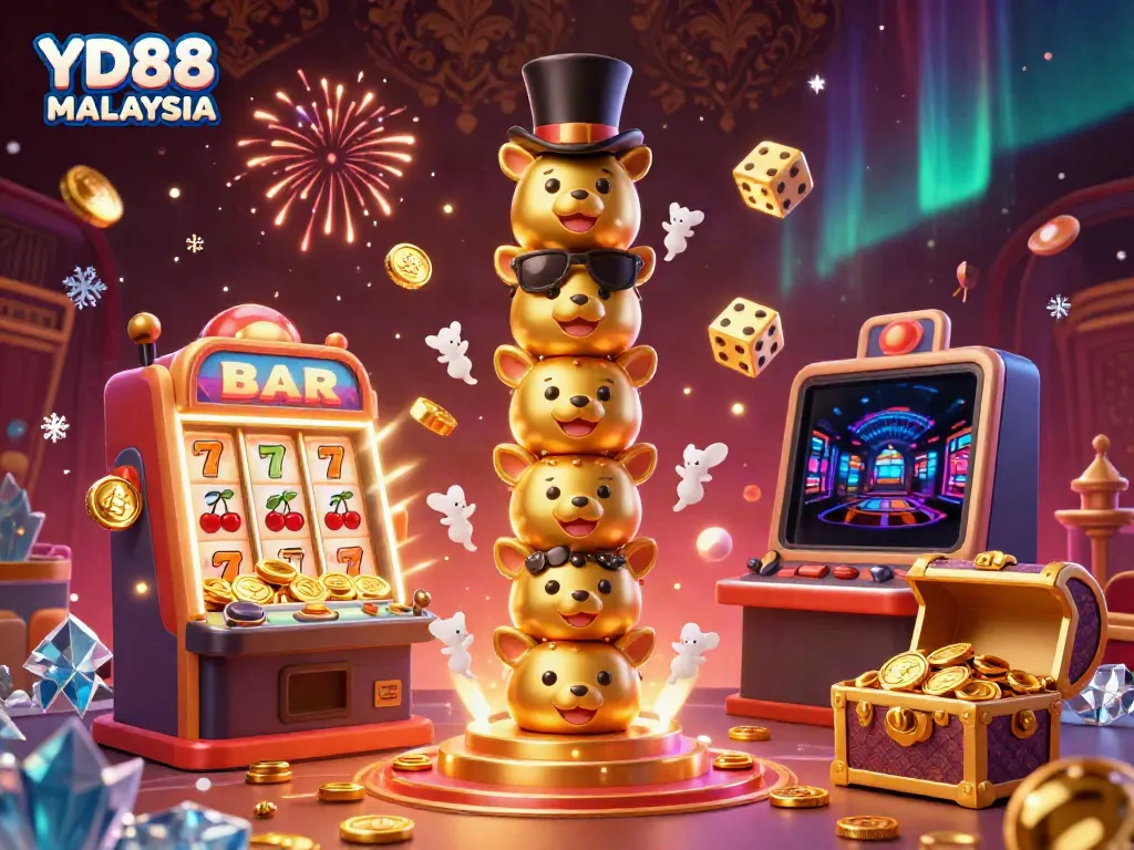 Experience thrilling casino action with YD88 MALAYSIA; a lively 3D rendering showcasing an animated totem pole, slot machines, and vibrant game symbols.