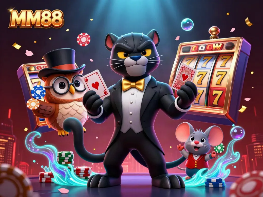 Experience thrilling casino action with MM88's black panther dealer and friends showcasing winning poker scenarios.