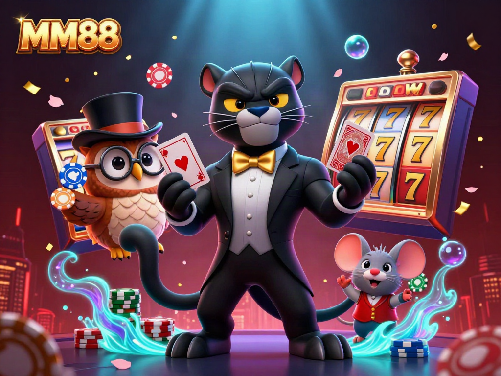 Experience thrilling casino action with MM88's black panther dealer and friends showcasing winning poker scenarios.