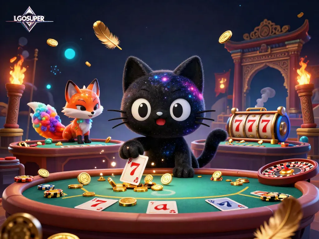 Engage in dynamic gameplay with LGOSUPER's cosmic casino featuring a black hole cat and nebula fox interacting with swirling game elements.