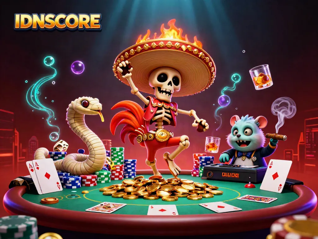 Celebrate with IDNSCORE's vibrant scene showcasing a mariachi rooster amidst poker excitement.