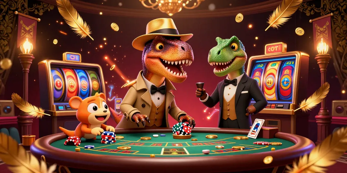 Engage in situs togel at a vibrant casino scene featuring a velociraptor card counter, a stegosaurus pit boss, and a pickpocket.