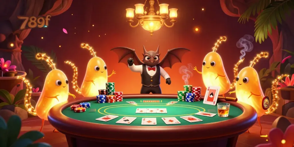 Play cards in the luminous 789f cave casino, illuminated by glowing insects.