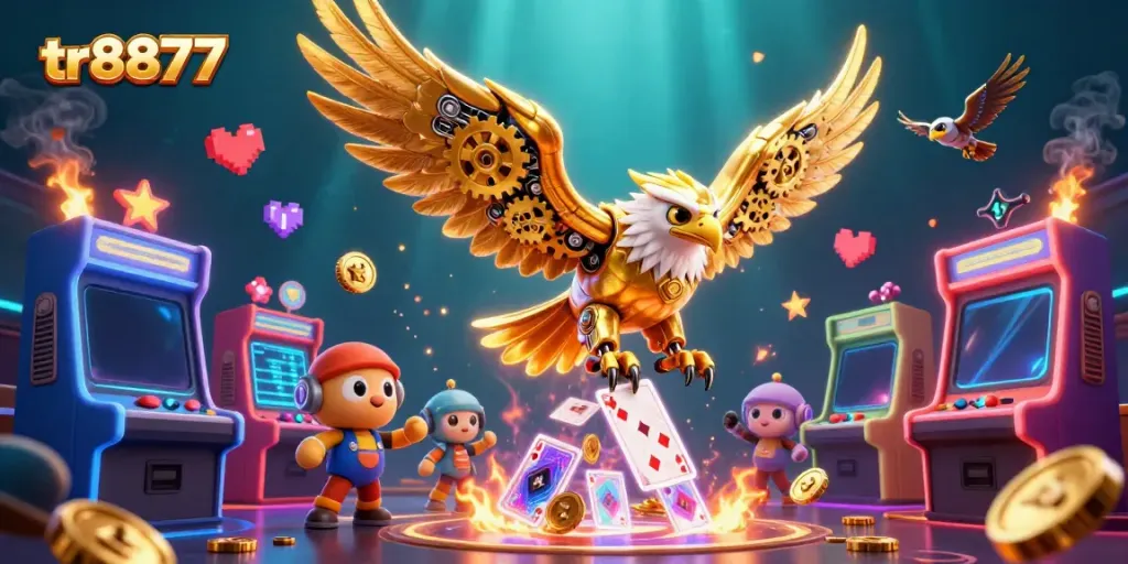 tr8877's golden eagle dives through holographic cards in an immersive casino scene, dynamic and colorful.