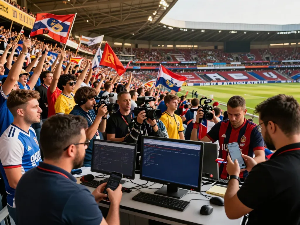 ข่าวตลาดซื้อขายนักเตะ with football fans celebrating at a busy transfer market scene