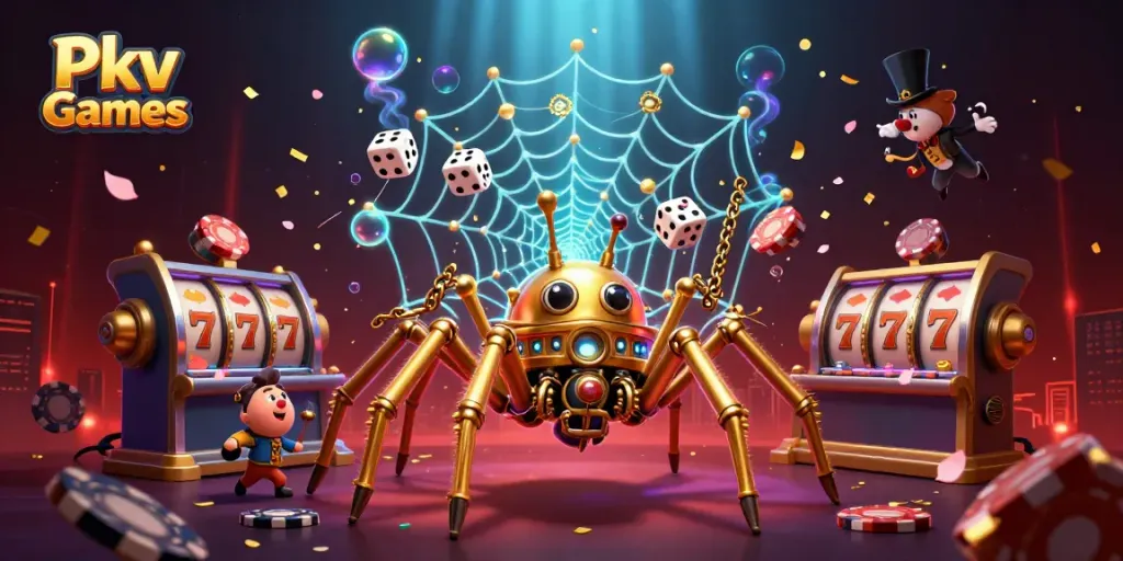 Engage with Pkv Games unique cartoon scenes featuring a spider web of luck, poker elements, and vibrant details.