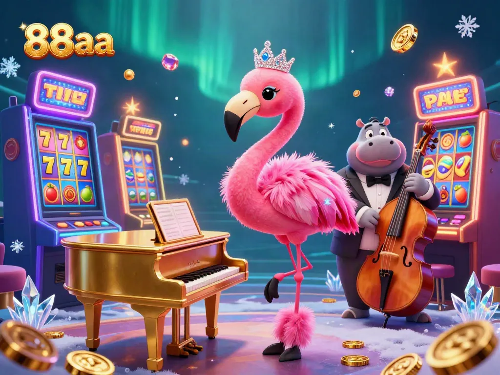 Experience the vibrant energy of 88aa's dynamic casino scene featuring a flamingo singer and hippo bassist.