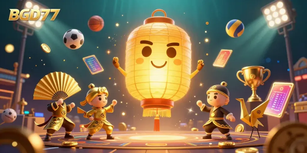 BGD77 illuminates a vibrant casino scene with golden lanterns and dynamic sports elements in action.
