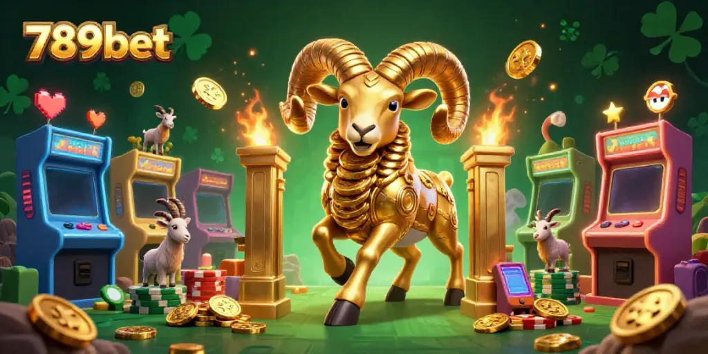 Experience excitement with 789bet as a golden ram charges through a vibrant arcade casino.
