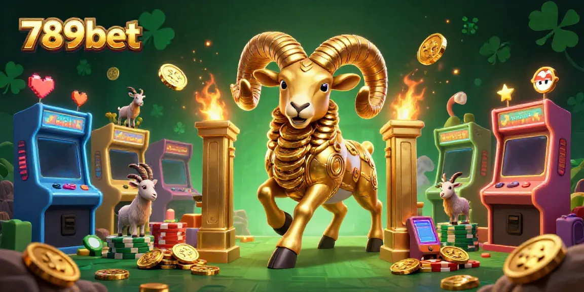 Experience excitement with 789bet as a golden ram charges through a vibrant arcade casino.
