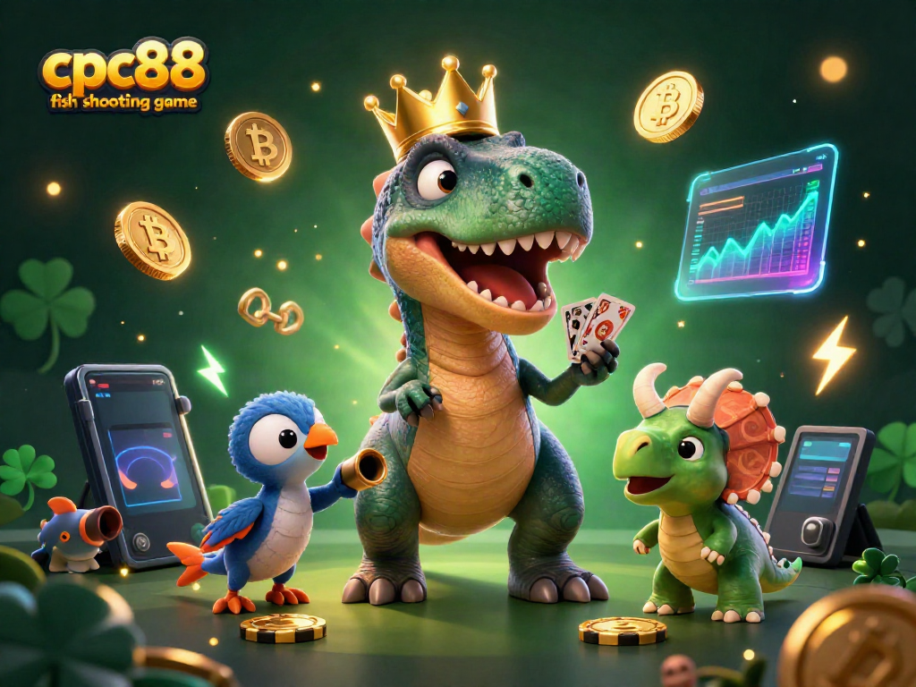 CPC88 fish shooting game showcasing a 3D T-Rex card dealer and lively underwater elements with vibrant coins.