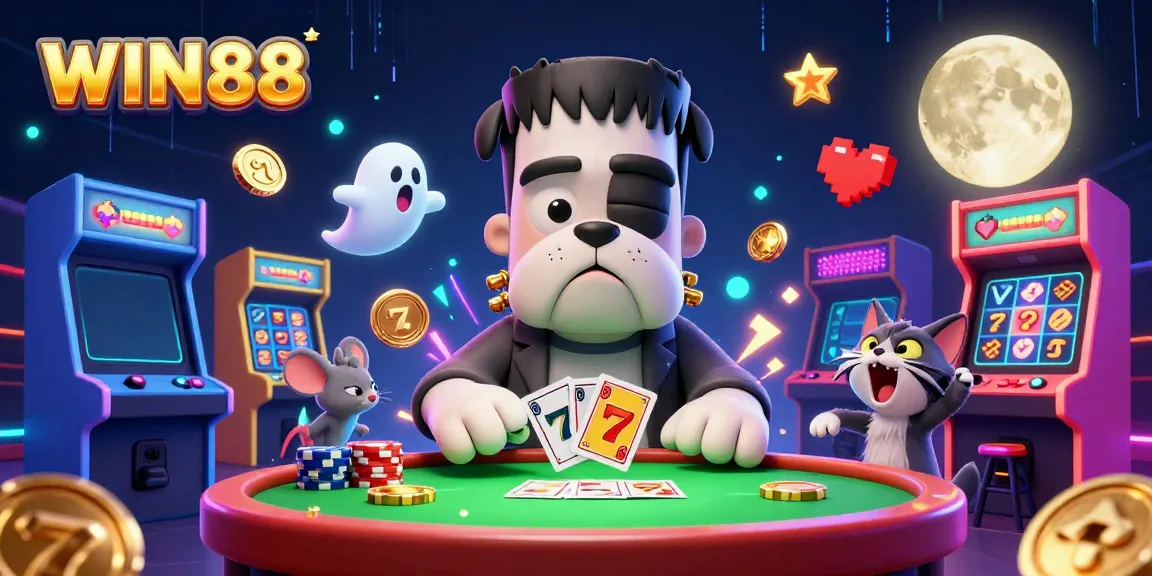 Engage with WIN88 at an ultra-detailed 3D casino illustration featuring colorful characters and gaming elements.