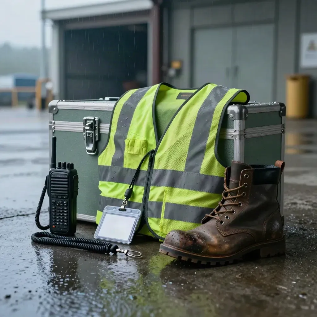 Shift kit on a rain-darkened dock: radio, vest, boot, badge stack and lanyard in dawn mist.