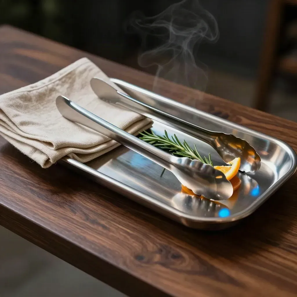Stainless catering tools and linen napkins on a walnut surface, lit dramatically.