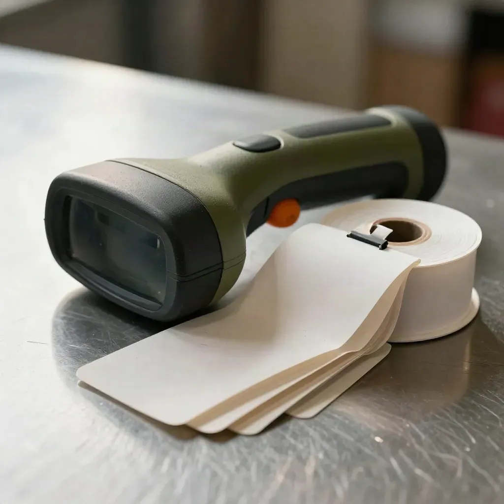 Top-down macro of a scanner, receipt roll, tags and badge clip on brushed steel.
