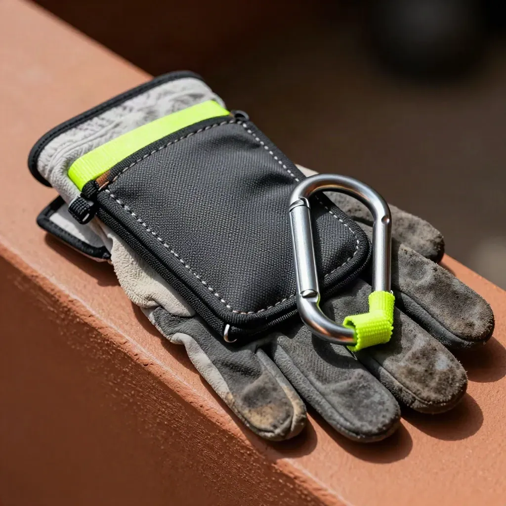 Extreme macro of gloves, tool pouch, and carabiner on terracotta with dark bokeh