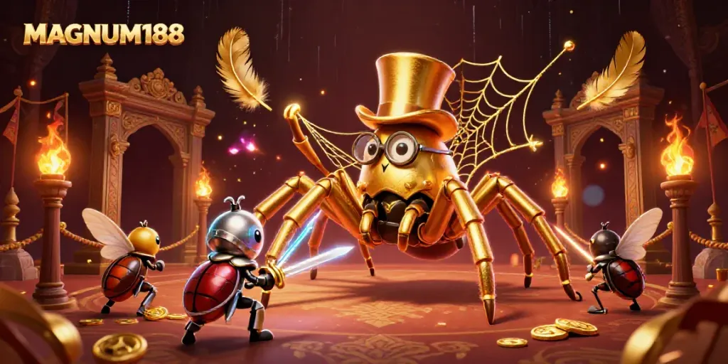 Experience the excitement of MAGNUM188 with a vibrant 3D casino scene featuring a golden tarantula and knight.