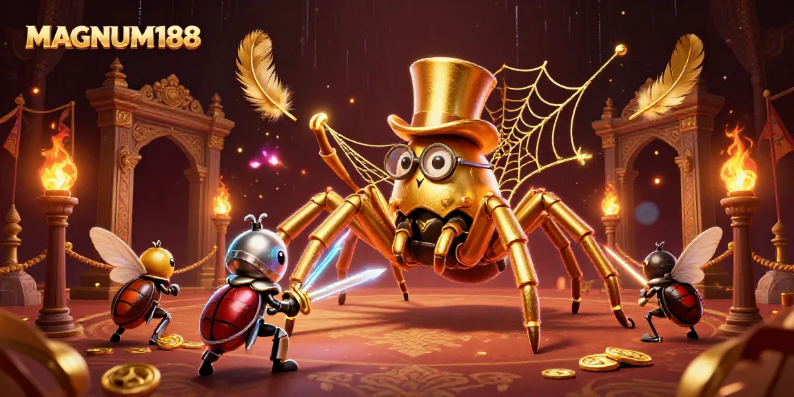 Experience the excitement of MAGNUM188 with a vibrant 3D casino scene featuring a golden tarantula and knight.
