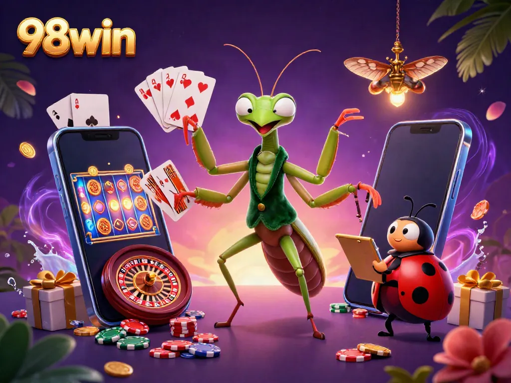 Experience thrilling gameplay with 98win's interactive casino elements as colorful slots and vibrant characters come alive.