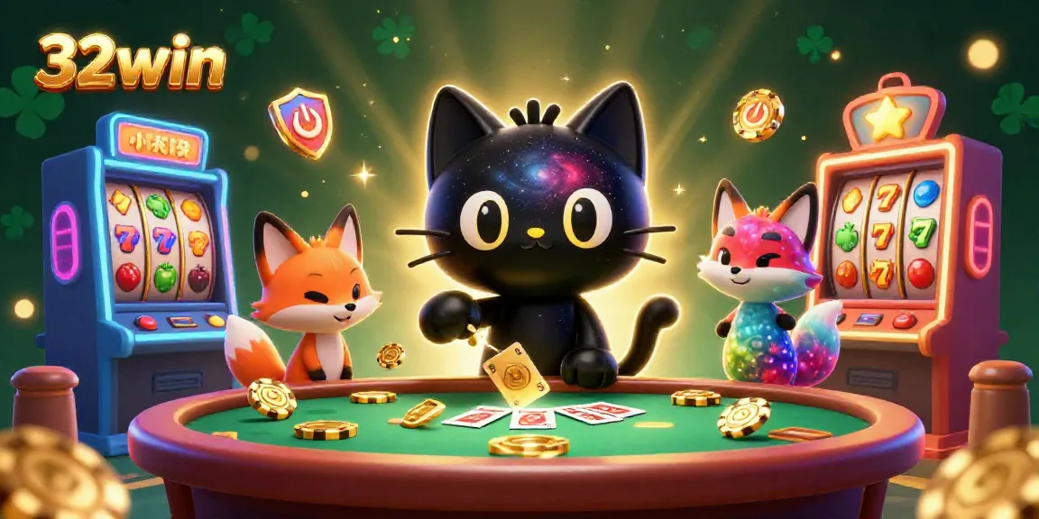 Catch the excitement of 32win with a cosmic casino scene featuring a black hole cat and nebula fox.