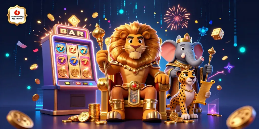 Engage with cricket betting app pakistan in a vibrant 3D scene featuring dynamic characters and casino elements.