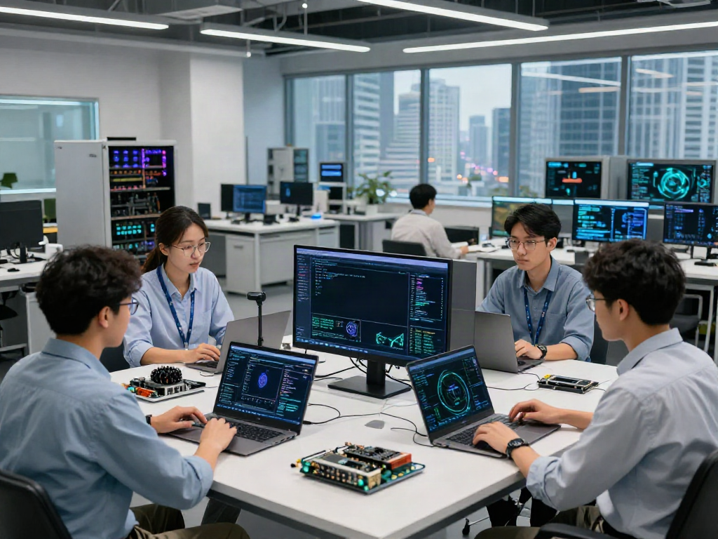 Engineers analyzing data in a modern AI infrastructure facility, highlighting collaboration.