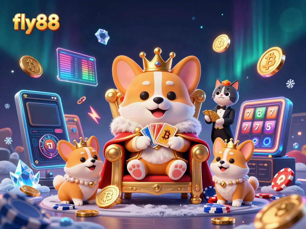 Experience the excitement with fly88, featuring a royal corgi on a poker chip throne and gaming elements.