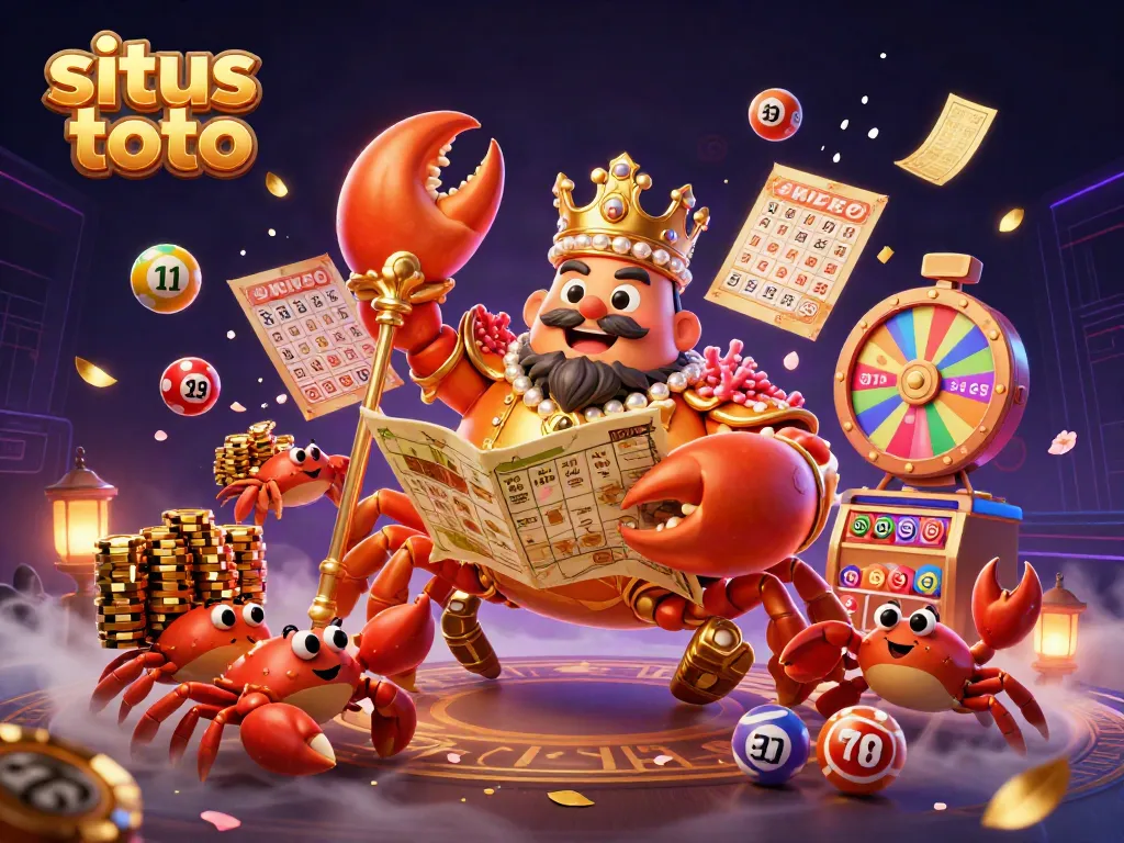 Engage with situs toto as a golden crab emperor oversees an exciting casino scene filled with vibrant lottery elements.