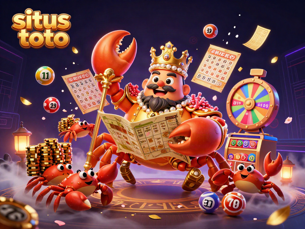 Engage with situs toto as a golden crab emperor oversees an exciting casino scene filled with vibrant lottery elements.