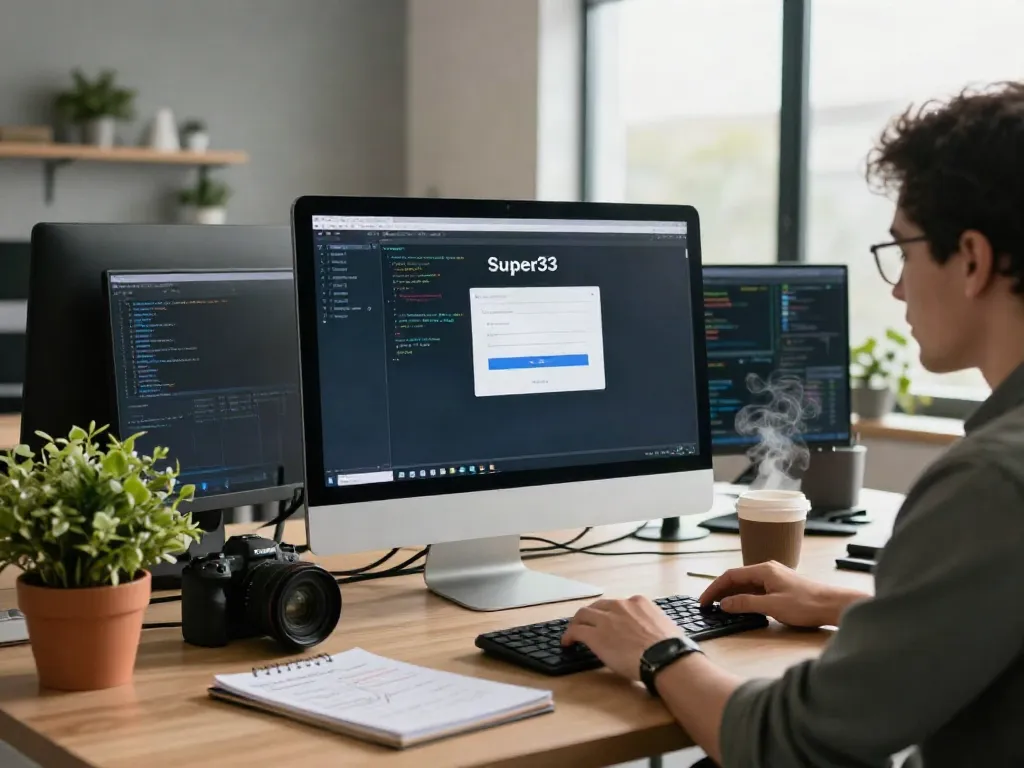 IT specialist using Super33 login portal at a modern desk