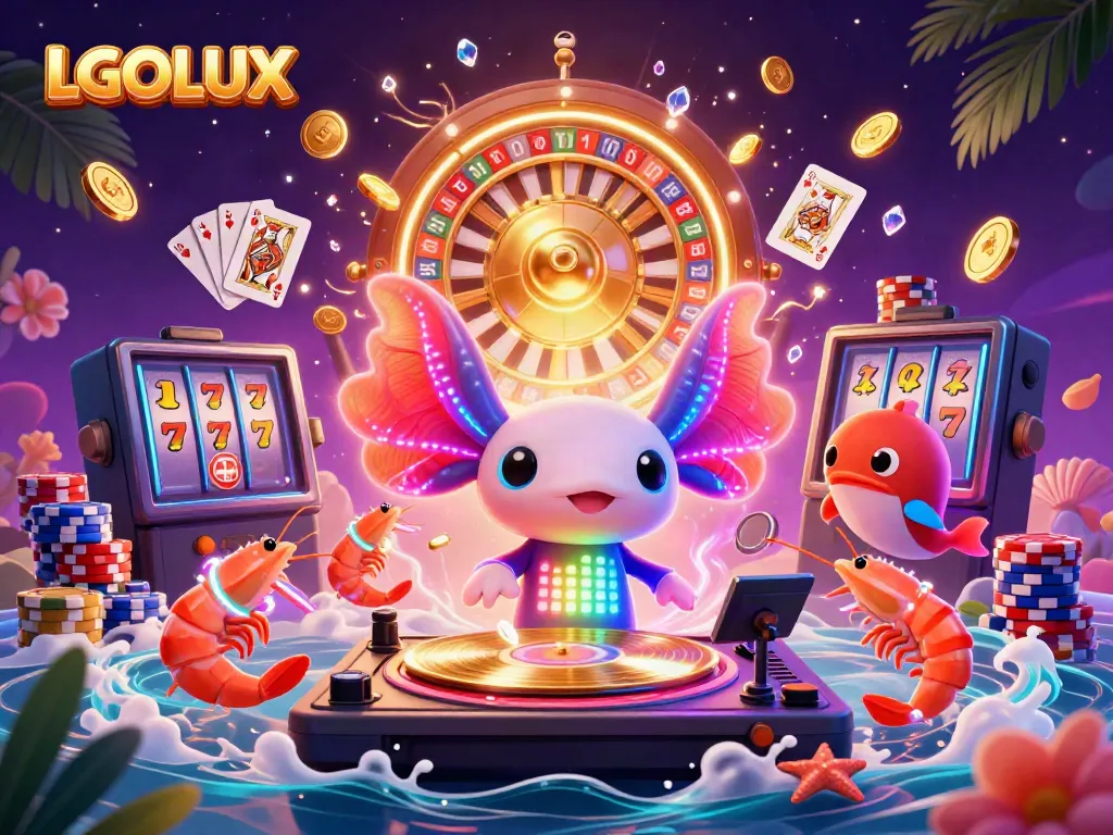 Experience the thrill of gaming with LGOLUX's vibrant casino scene featuring animated characters and exciting game elements.