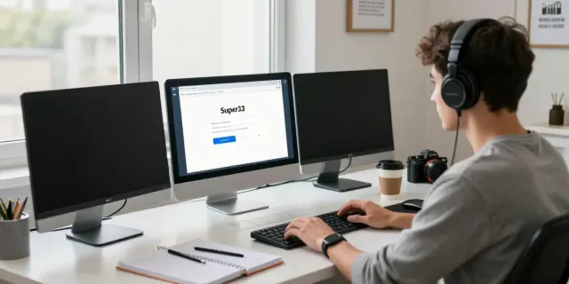 Student using Super33 login on a computer at a modern study desk.