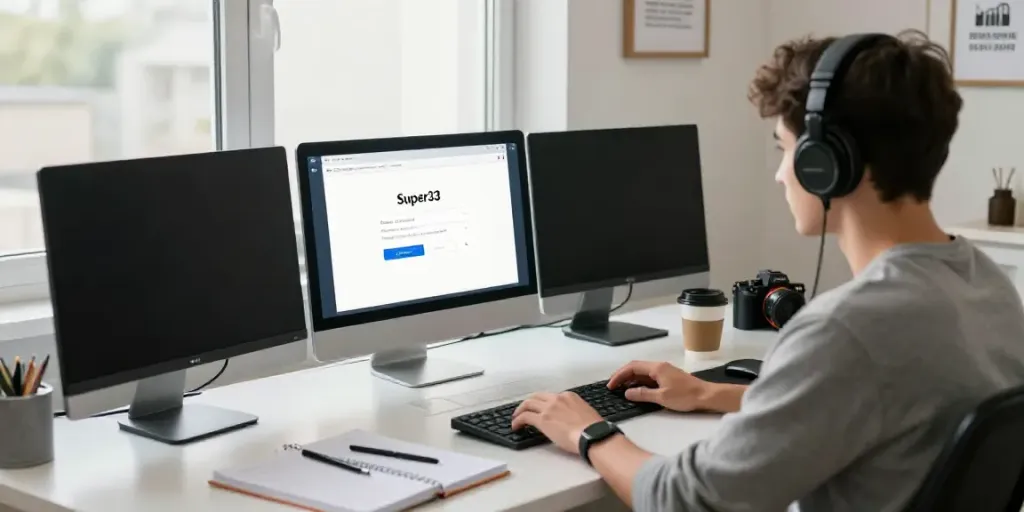 Student using Super33 login on a computer at a modern study desk.