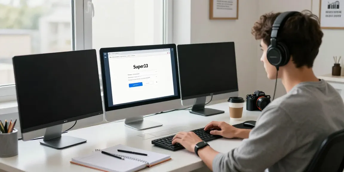 Student using Super33 login on a computer at a modern study desk.