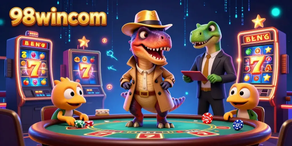 Experience the thrill of 98wincom's gaming scene featuring a clever velociraptor at the blackjack table.