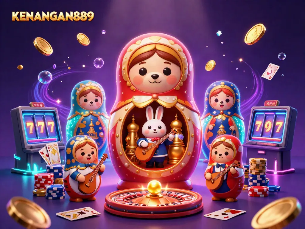 Play games at KENANGAN889 with a captivating 3D scene of bears and casino elements dancing through the air.